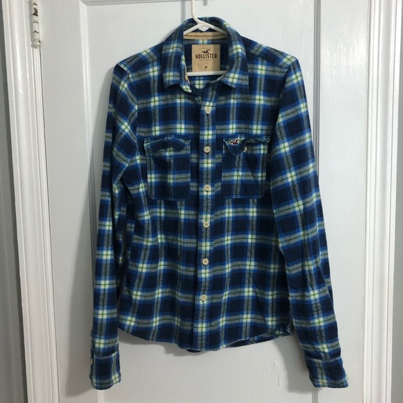 Hollister Flannel Button Down Green Blue Plaid Shirt size Medium - Picture 1 of 8